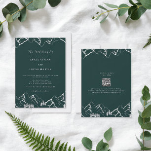 Invitation Code QR mariage arbre de pin montagnes vert émerau