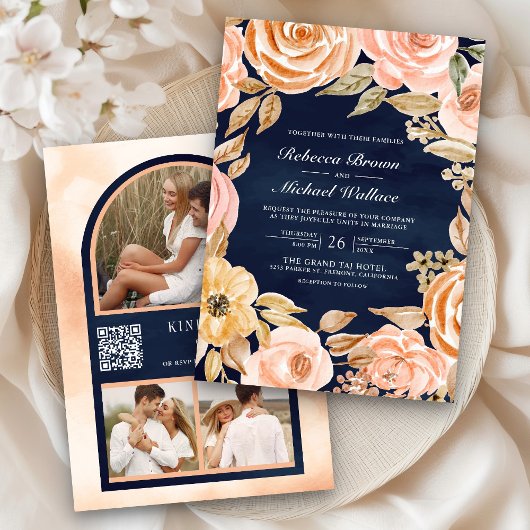 Invitation Code QR Mariage Automne Floral Terreux Bleu Marine