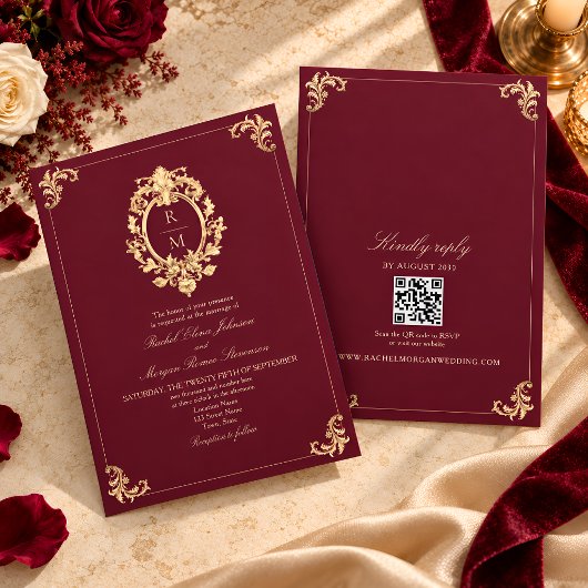 Invitation Code QR Mariage Baroque Or Bourgogne