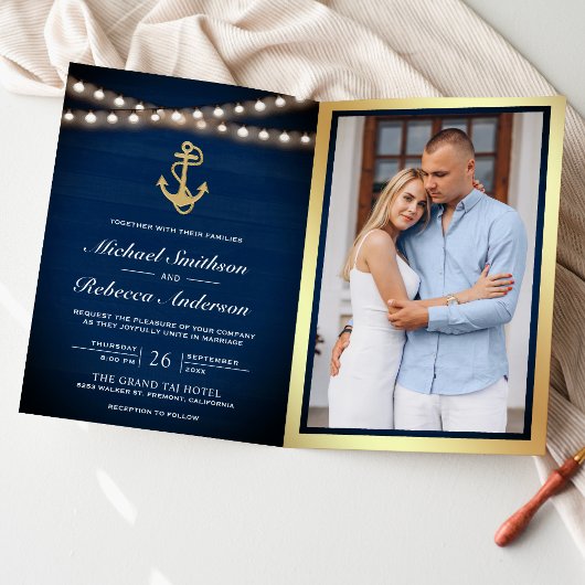 Invitation Code QR Mariage Bleu Marine Ancre Dorée