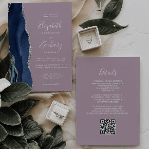 Invitation Code QR mariage bleu marine argent agate mauve