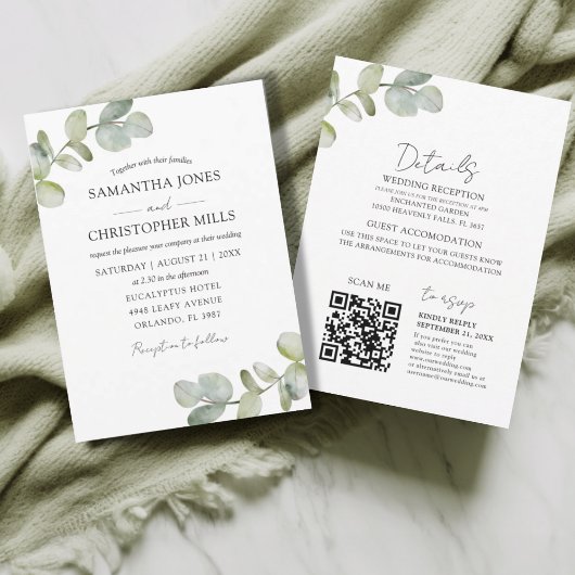 Invitation Code QR Mariage Botanique Eucalyptus Rustique