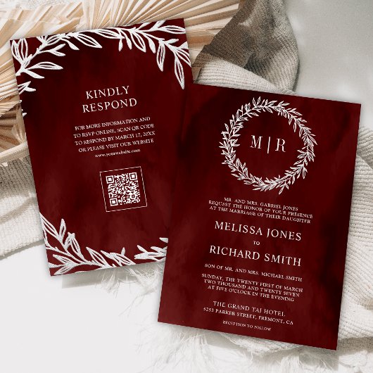 Invitation Code QR Mariage Branche Feuille Rouge Argent