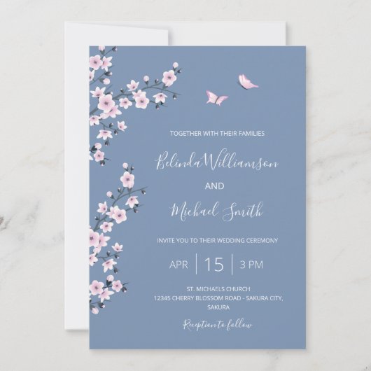 Invitation Code QR Mariage Cerisier Fleur Bleu (Devant)