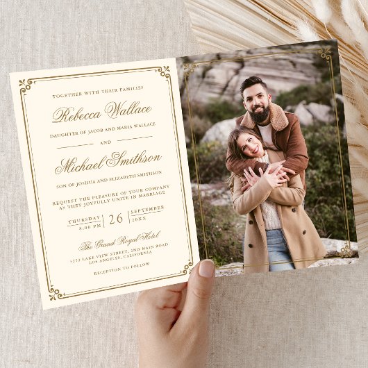 Invitation Code QR Mariage Crème Doré Photo Minimaliste