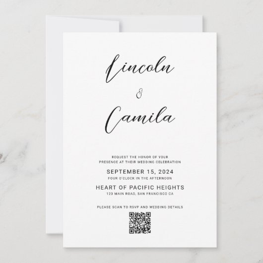 Invitation Code QR | Mariage de budget de script élégant mini (Devant)