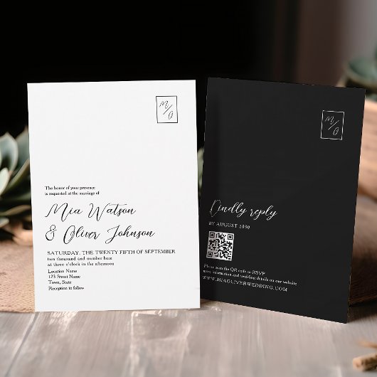 Invitation Code QR Mariage de monogramme noir et blanc minima