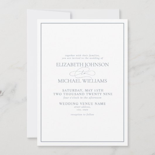 Invitation Code QR - Mariage de script classique en bleu Dust (Devant)