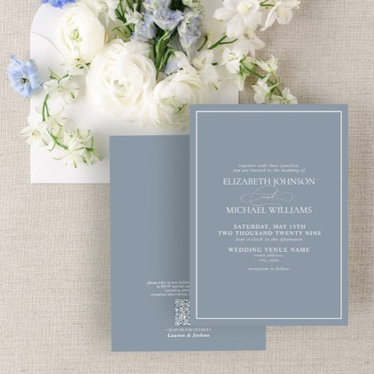 Invitation Code QR - Mariage de script classique en bleu Dust