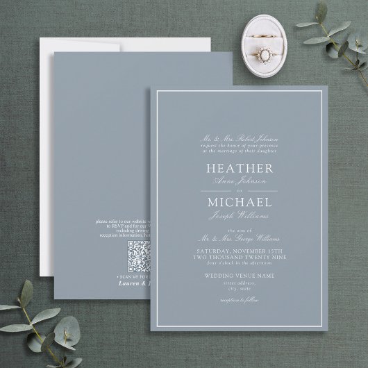 Invitation Code QR - Mariage de script classique en bleu Dust
