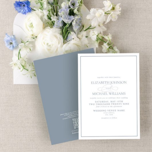 Invitation Code QR - Mariage de script classique en bleu Dust