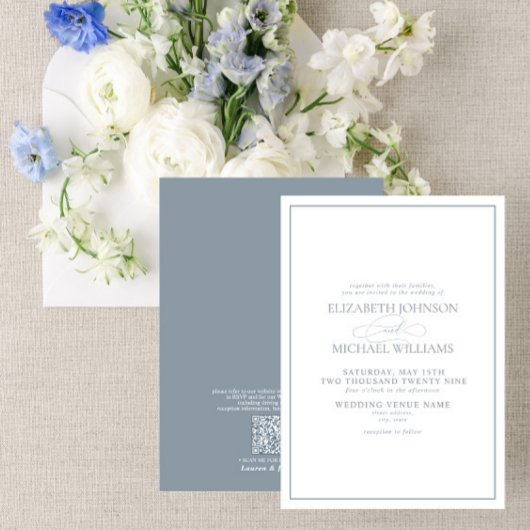 Invitation Code QR - Mariage de script classique en bleu Dust