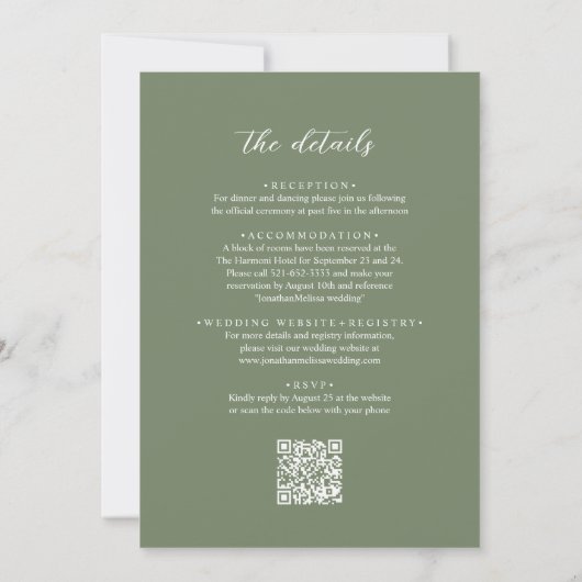 Invitation Code QR Mariage de script photo Deep Sage Green (Dos)