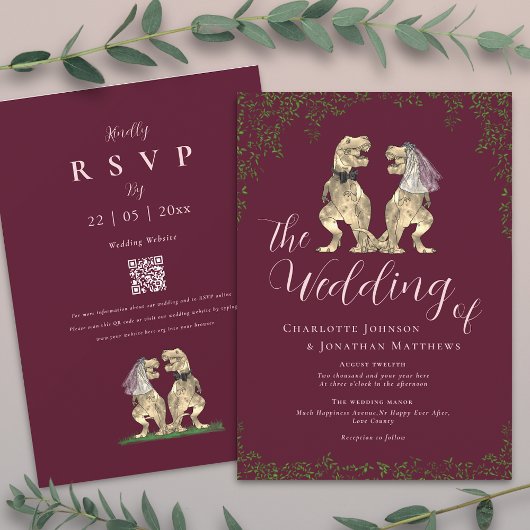 Invitation Code QR Mariage Dinosaure Bourgogne et Rose Blush