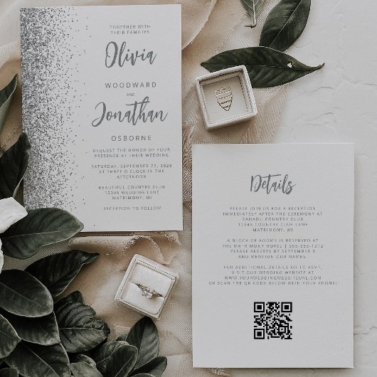Invitation Code QR Mariage Écriture Blanche Pailletée Argenté