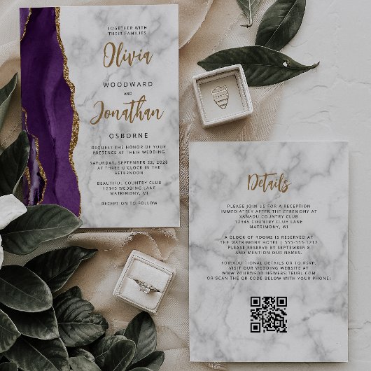 Invitation Code QR Mariage écriture Marbre Agate Or Violet