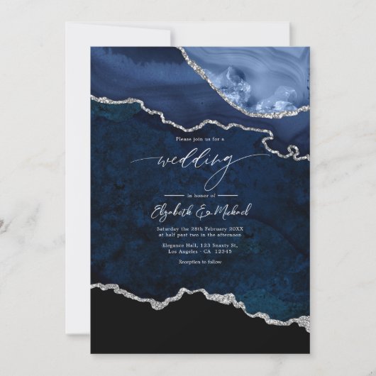 Invitation Code QR Mariage élégant Marine Blue and Silver Aga (Devant)