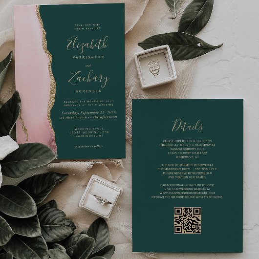 Invitation Code QR Mariage Émeraude Vert Agate Or Rouge Genci