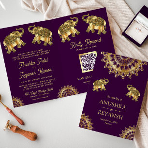 Invitation Code QR Mariage Ethnique Eléphant Indien Or Violet