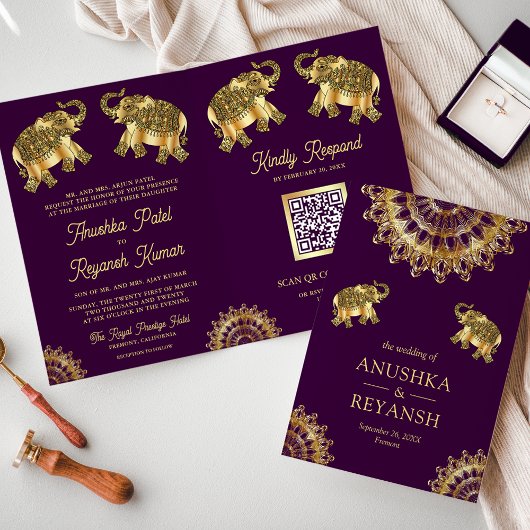 Invitation Code QR Mariage Ethnique Eléphant Indien Or Violet