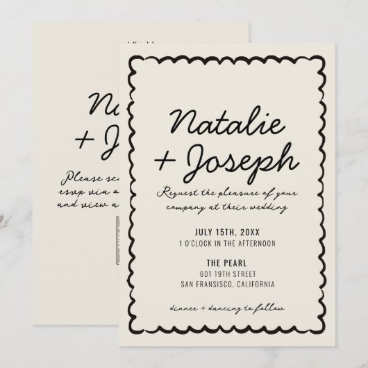 Invitation Code QR Mariage Fantaisiste Moderne Crème Noir (Devant / Derrière)