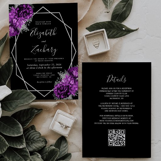 Invitation Code QR Mariage Fleur Argent Prune Pourpre Noir