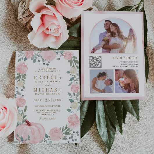 Invitation Code QR Mariage Fleurs de Citrouille Rose Pâle Rus