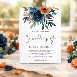 Invitation Code QR Mariage Fleurs Orange Brûlé et Marine