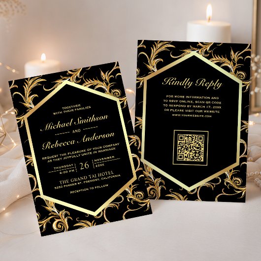 Invitation Code QR Mariage Floraison de Farine d'Or Noir