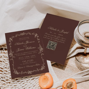 Invitation Code QR Mariage Floral Brun Chocolat Vieille Fortu