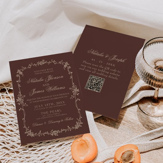 Invitation Code QR Mariage Floral Brun Chocolat Vieille Fortu