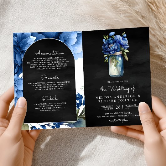 Invitation Code QR Mariage Jar Fleur Royal Bleu Noir