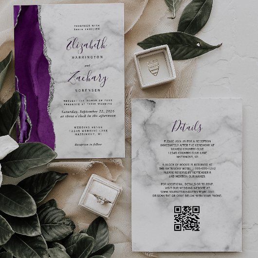 Invitation Code QR Mariage Marbre Agate Argent Violet