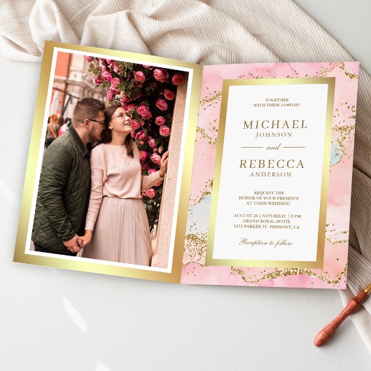 Invitation Code QR Mariage Marbre Agate Or Rose Blush