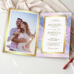 Invitation Code QR Mariage Marbre Agate Rose Lavande Or