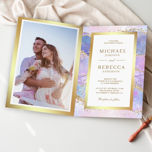 Invitation Code QR Mariage Marbre Agate Rose Lavande Or