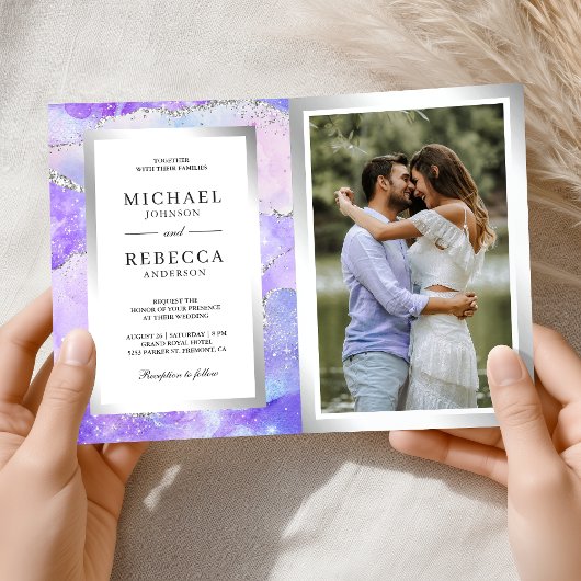 Invitation Code QR Mariage Marbre Agate Violet Lavande