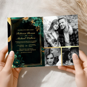 Invitation Code QR Mariage Marbre Floral Or Vert Emeraude