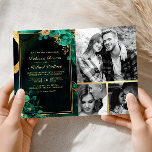Invitation Code QR Mariage Marbre Floral Or Vert Menthe