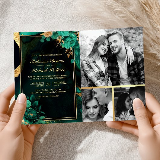 Invitation Code QR Mariage Marbre Floral Or Vert Menthe