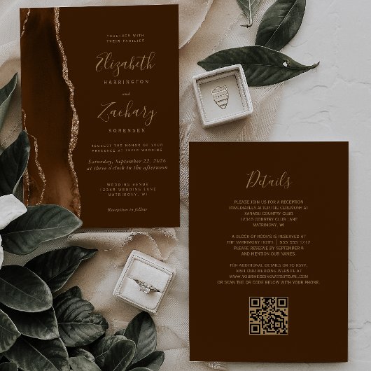 Invitation Code QR Mariage Marron Agate Or Moka