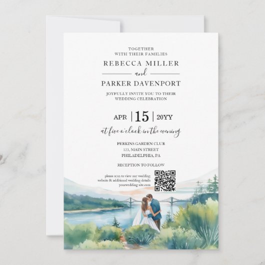 Invitation Code QR Mariage moderne de Riverside (Devant)