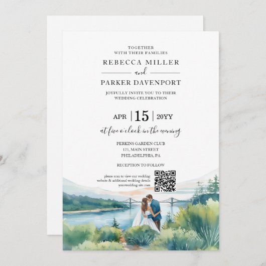 Invitation Code QR Mariage moderne de Riverside (Devant / Derrière)