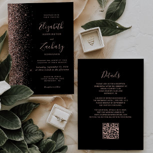 Invitation Code QR Mariage Moderne Rose Noir Paillettes Or