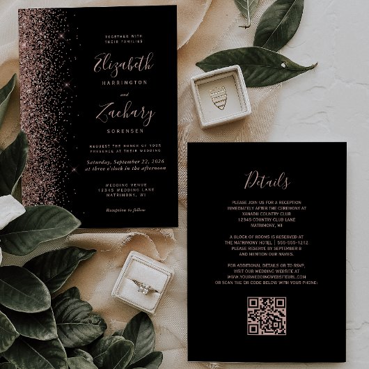 Invitation Code QR Mariage Moderne Rose Noir Paillettes Or