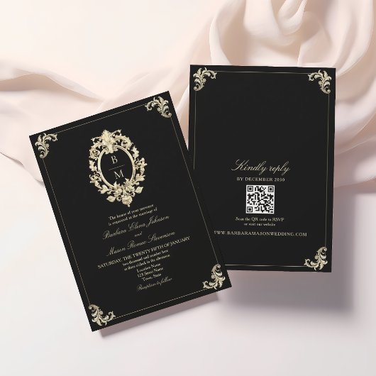 Invitation Code QR Mariage Monogramme Baroque Noir Or