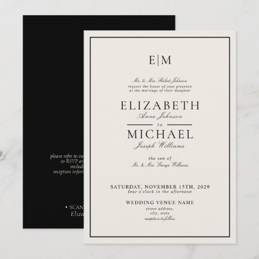 Invitation Code QR Mariage Monogramme Classique Ivoire Noir (Devant / Derrière)