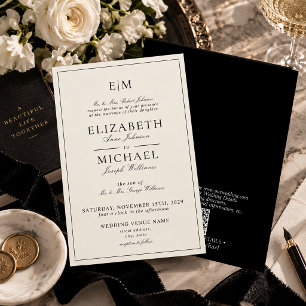 Invitation Code QR Mariage Monogramme Classique Ivoire Noir