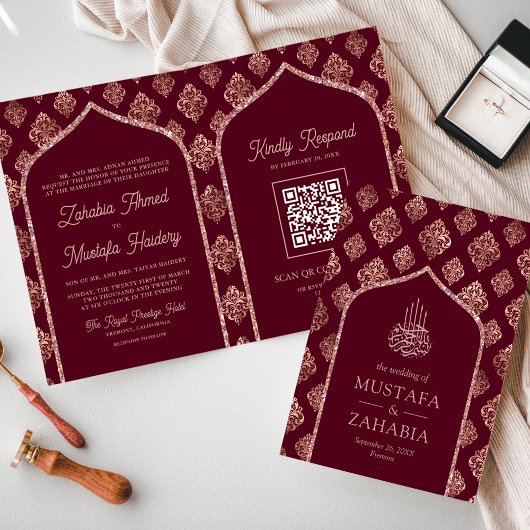Invitation Code QR Mariage Musulman Arc en Or Rose de Bourgog