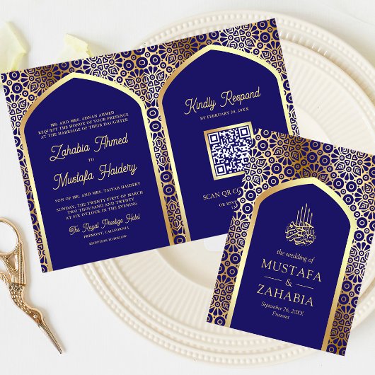 Invitation Code QR Mariage Musulman Arc Persan Bleu Royal